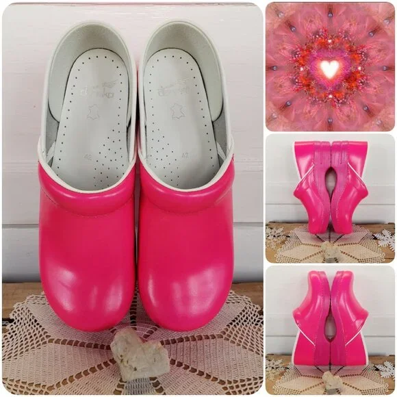 Neon Bunny Pink Dansko Pro Clogs Leather Bright Boho Cottage Spirited Festive 38 - Picture 5 of 12